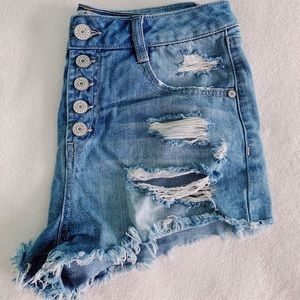 high waisted, light washed, ripped jean shorts